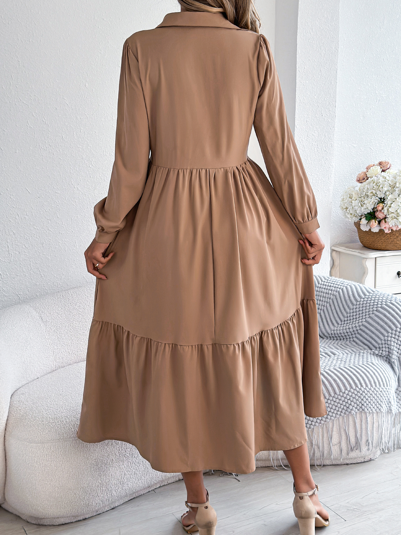 Spring and Autumn Casual Vacation Long Sleeved Turn-down Collar Single-Breasted Dress for Women