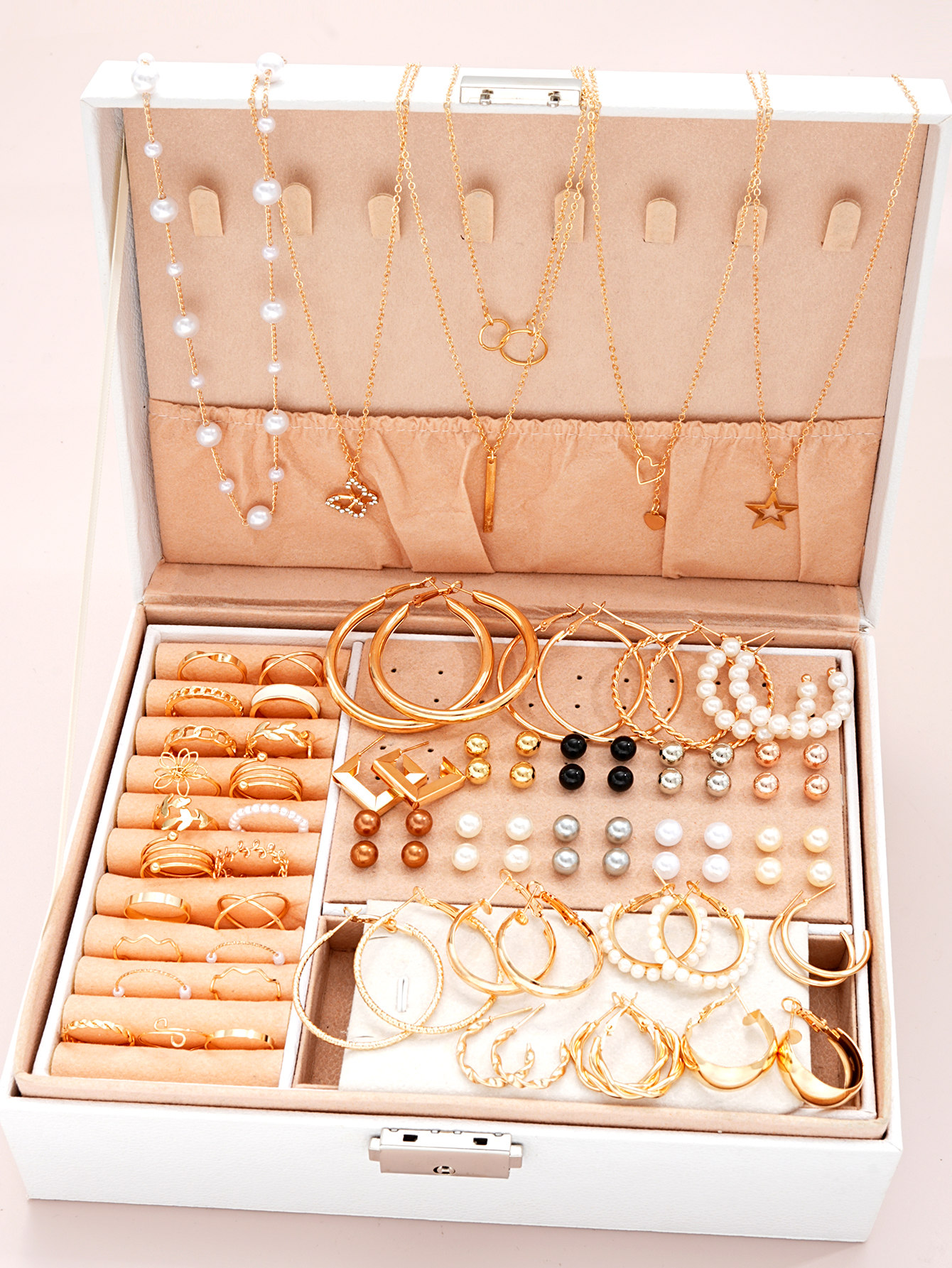 Earrings, Multi-Layered Necklace, Ear Studs Rings Jewelry Set for Women, Daily Wear Gift Set