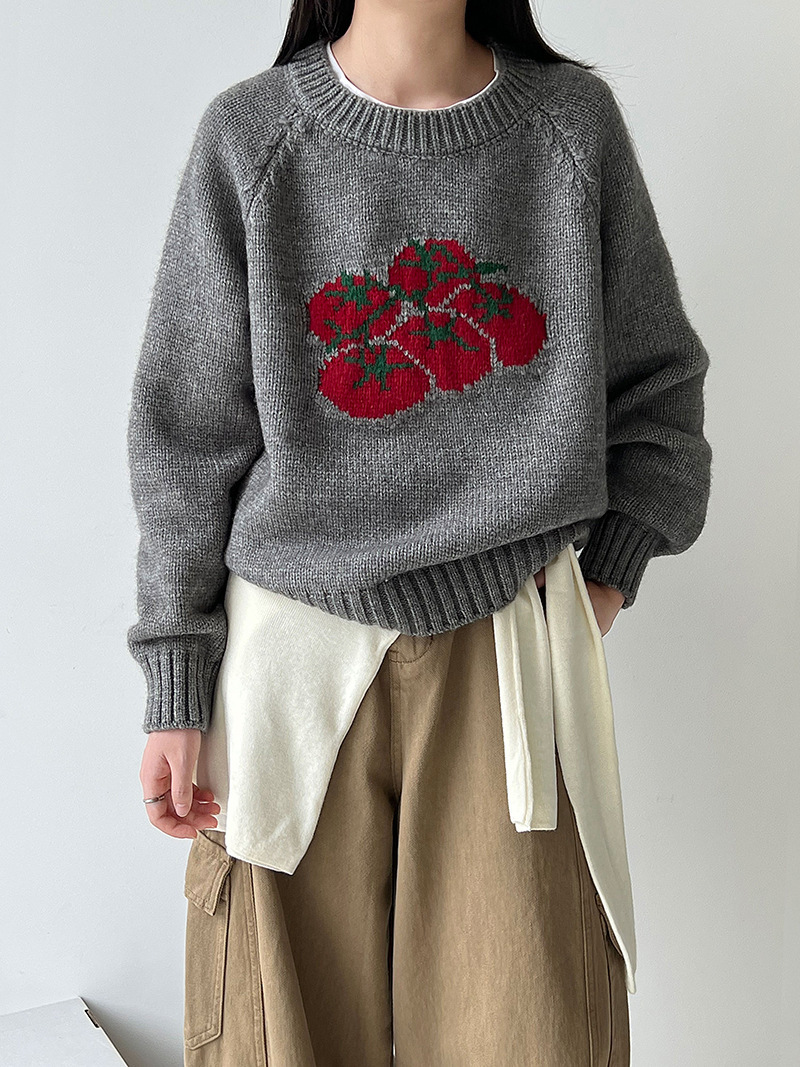 Autumn New Soft Pullover, Tomato Pattern Knitted Sweater, Loose Round Neck