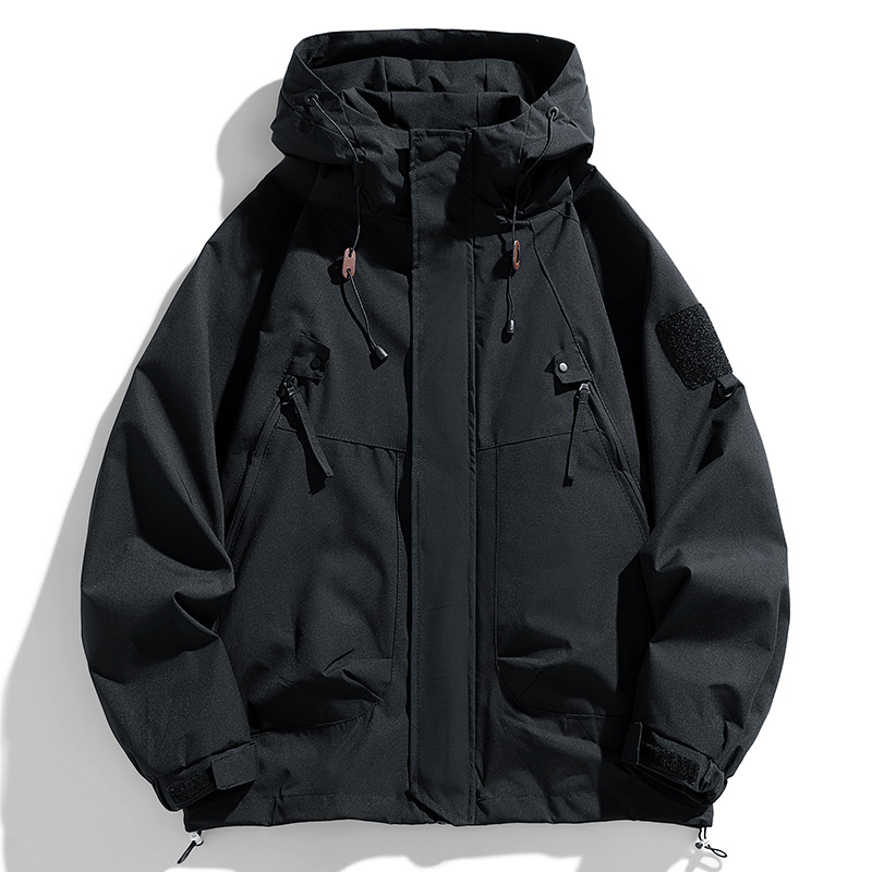 Windbreakers Men Hooded Jacket, Zipper Coat Cargo, Waterproof Black Bomber, Camping Loose Thin Softshell Hiking Jacket
