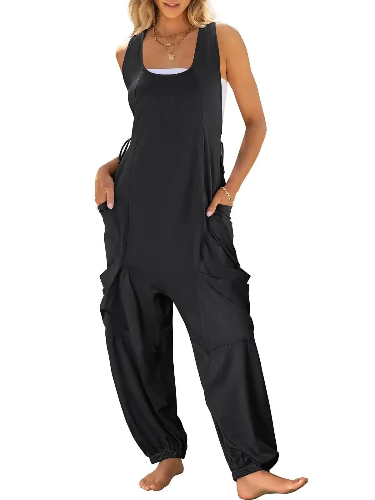 Casual Sleeveless Loose Harem Jumpsuit with Wide Leg Trousers