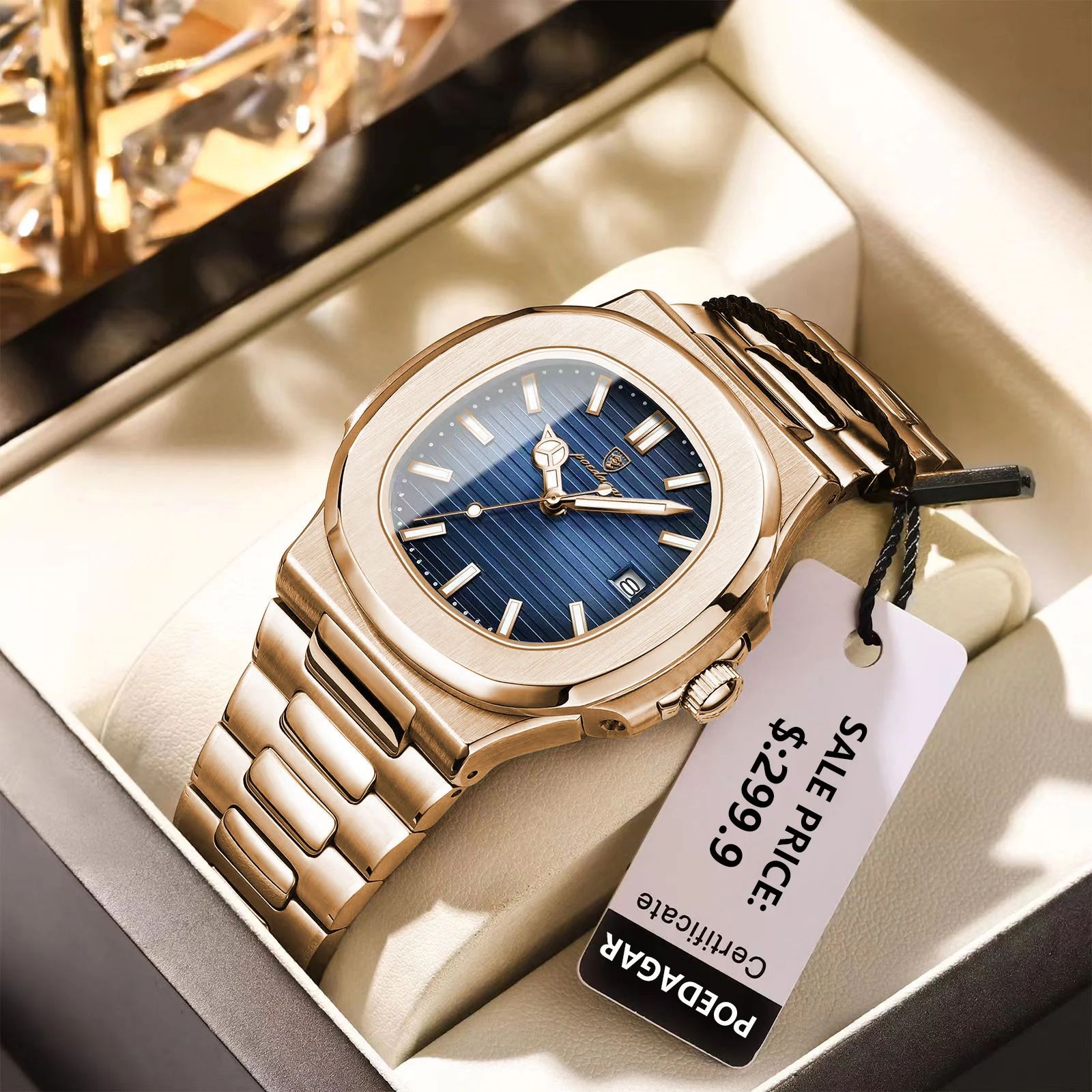POEDAGAR Square Stainless Steel Quartz Watch for Men