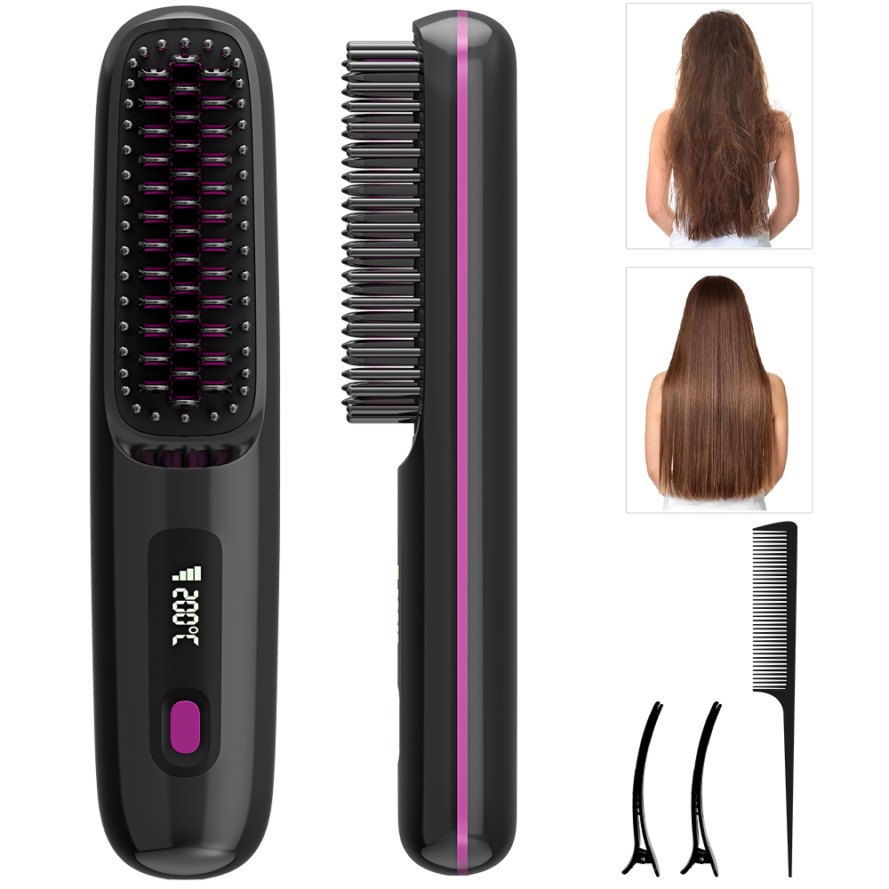 Rechargeable Ionic Hair Straightener Brush Fast Heating Portable Styling Comb