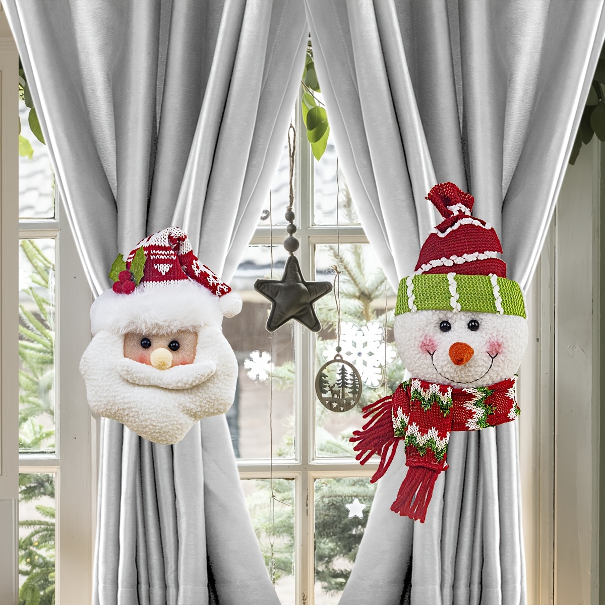 Christmas Curtain Clips, Santa Snowman, Retro Plaid Hooks, Hanging Decorations, Windows Doors Festival Home Party Decor