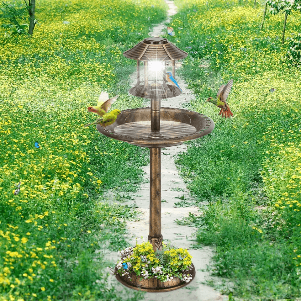 Decorative Plastic Bird Bath with Solar Light and Stable Base, Ideal for Outdoor Garden Landscaping & Backyard Wildlife