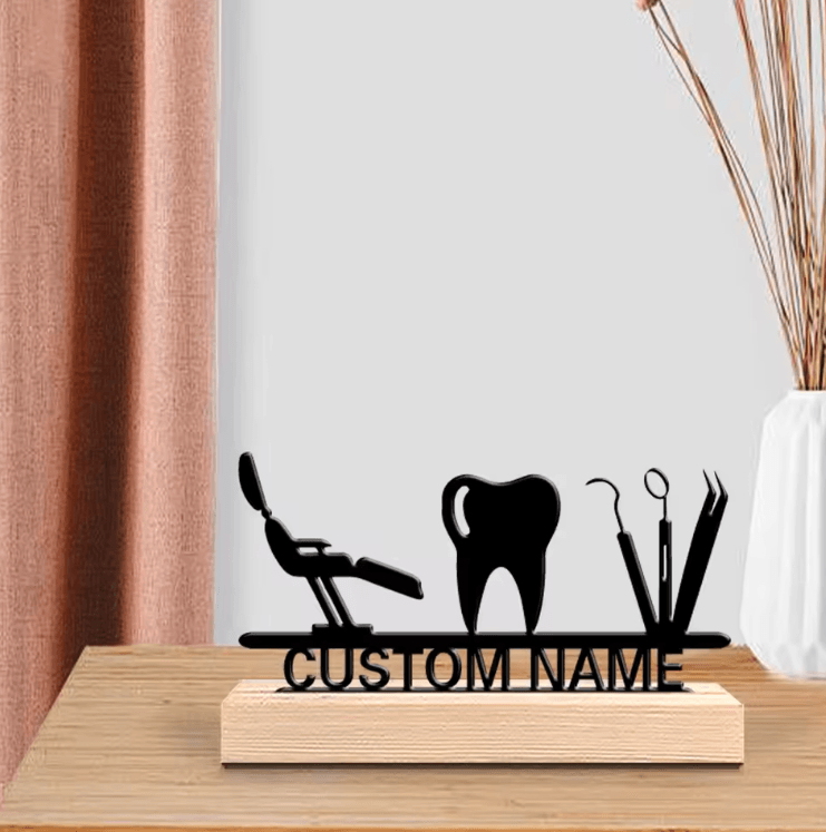 Personalized Dentist Metal Art Sculpture – Custom Desktop Decor with Wooden Base