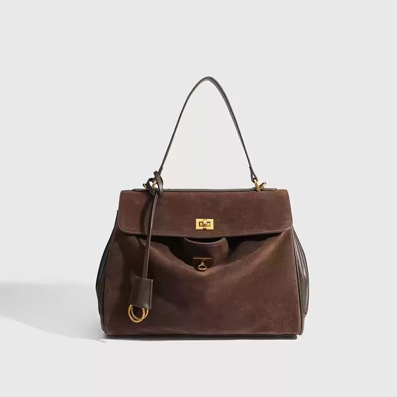 Luxury Suede Leather Messenger Bag with Gold Buckle, Soft Genuine Leather Shoulder Tote