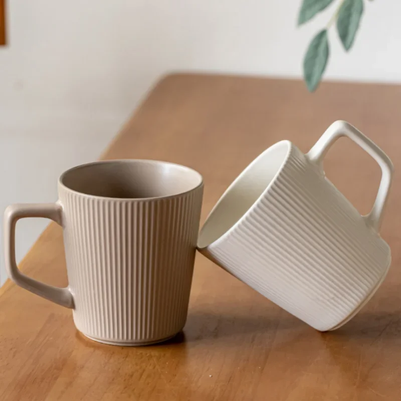 Nordic Style Milk Coffee Mug, Embossment Ceramics Mug, Practical Household Water Cup, Striped Solid Color Design with Ha