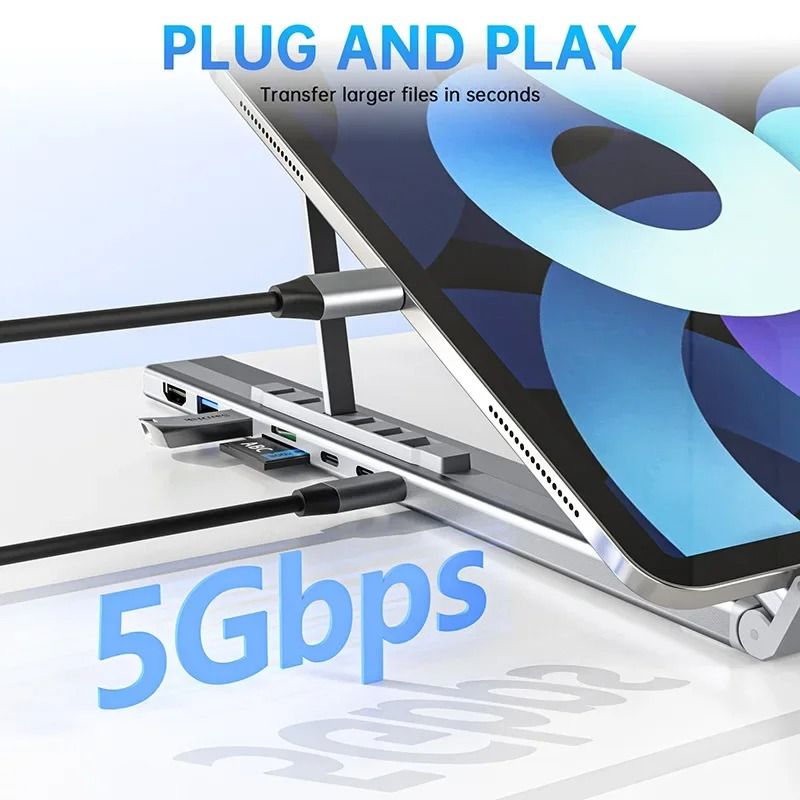 Universal Laptop Stand with Integrated USB-C Hub | HDMI 4K, SD/TF Reader & PD Charging