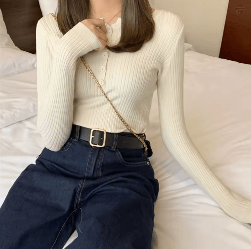 Womens Knitted Button O-Neck Sweater – Slim Fit Striped Pullover