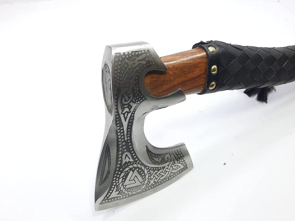 Handmade Engraved Viking Axe | 19 Inch High Carbon Steel Blade with 6 Inch Edge | Free Premium Leather Sheath