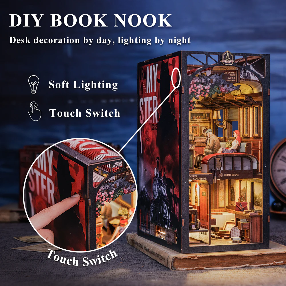 Detective Train Mystery DIY Book Nook, 3D Wooden Dollhouse Puzzle with Touch Light & Bookshelf Insert – Unique Gift Idea