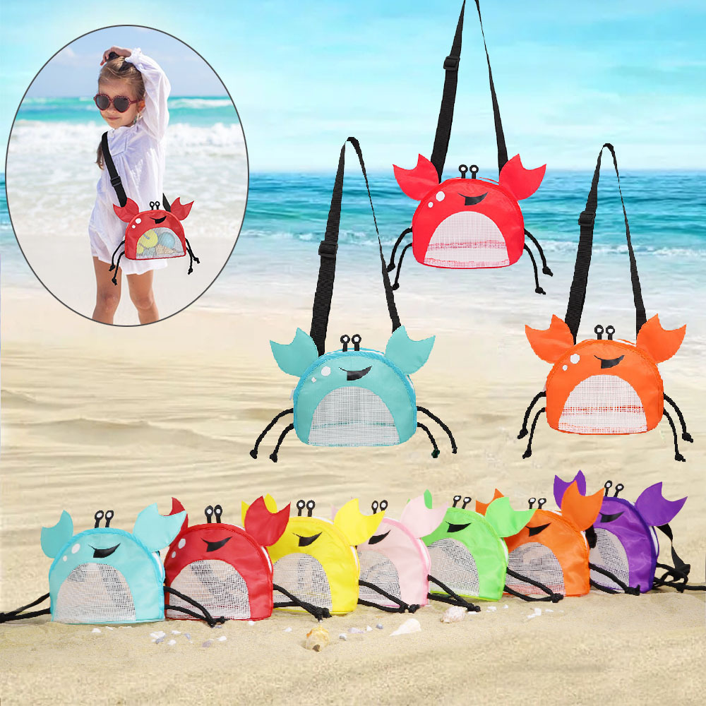 Crab Kids Beach Bag Mesh Shell Collecting Bag Crossbody Backpack for Toy Storage