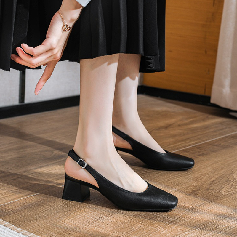 Elegant French Baotou Womens Summer Sandals, New Mid Thick Heel High Heels with Shallow Mouth & Coarse Heel Design