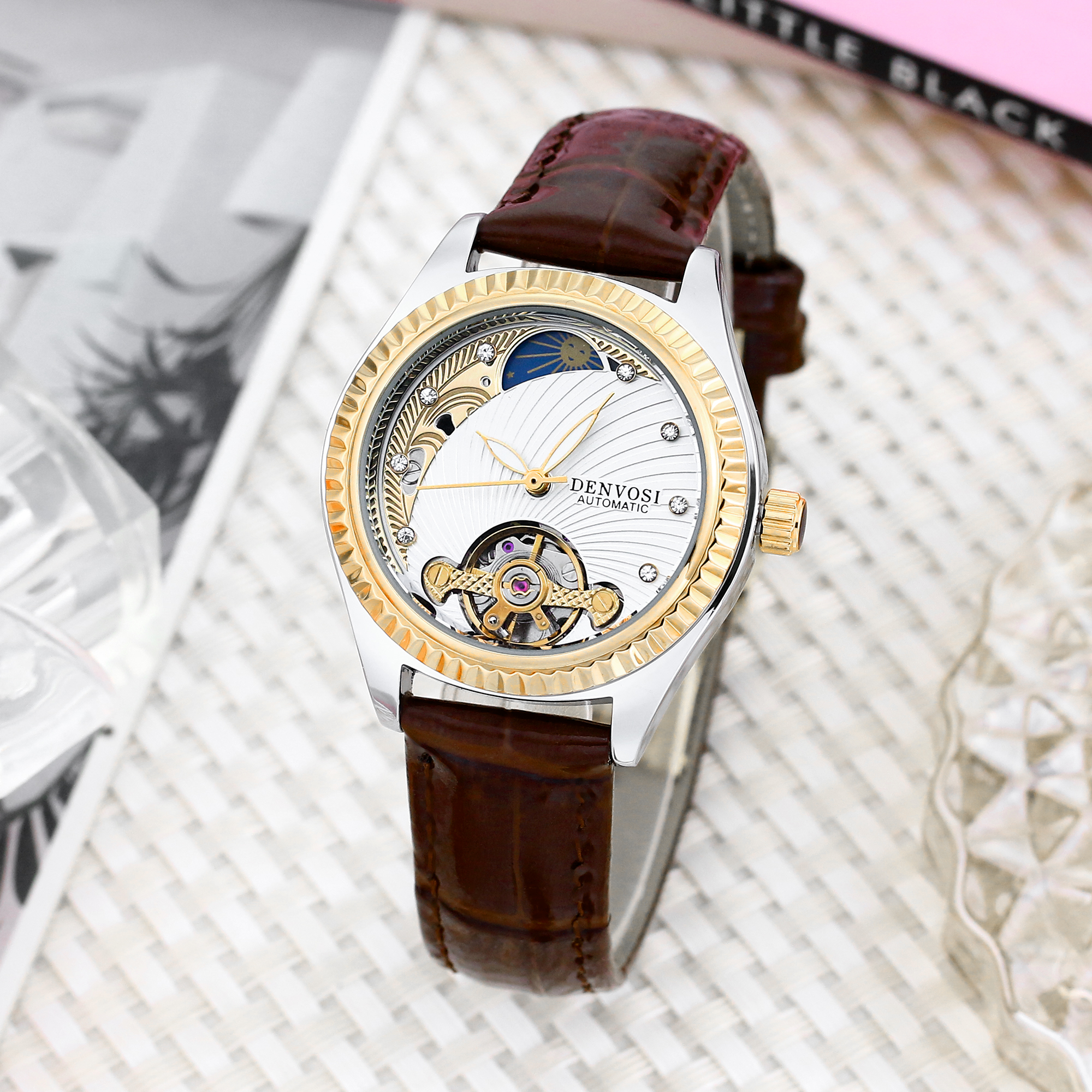 Luxury Fashion Casual Leather Watch for Ladies, Flywheel Double Hollowed Automatic Mechanical Waterproof Timepiece