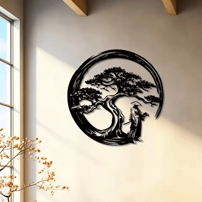 Japanese Bonsai Metal Wall Art – Torii Gate Enso Circle Zen Wall Decor for Modern Home Accent