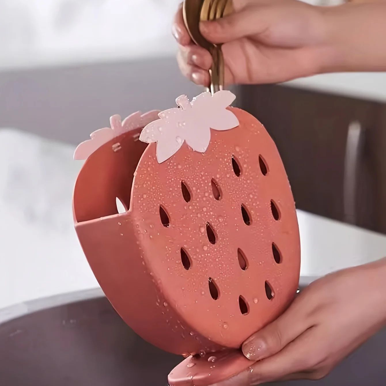 Strawberry Kitchen Utensil Holder with Drainage - Cute Countertop & Sink Caddy Organizer