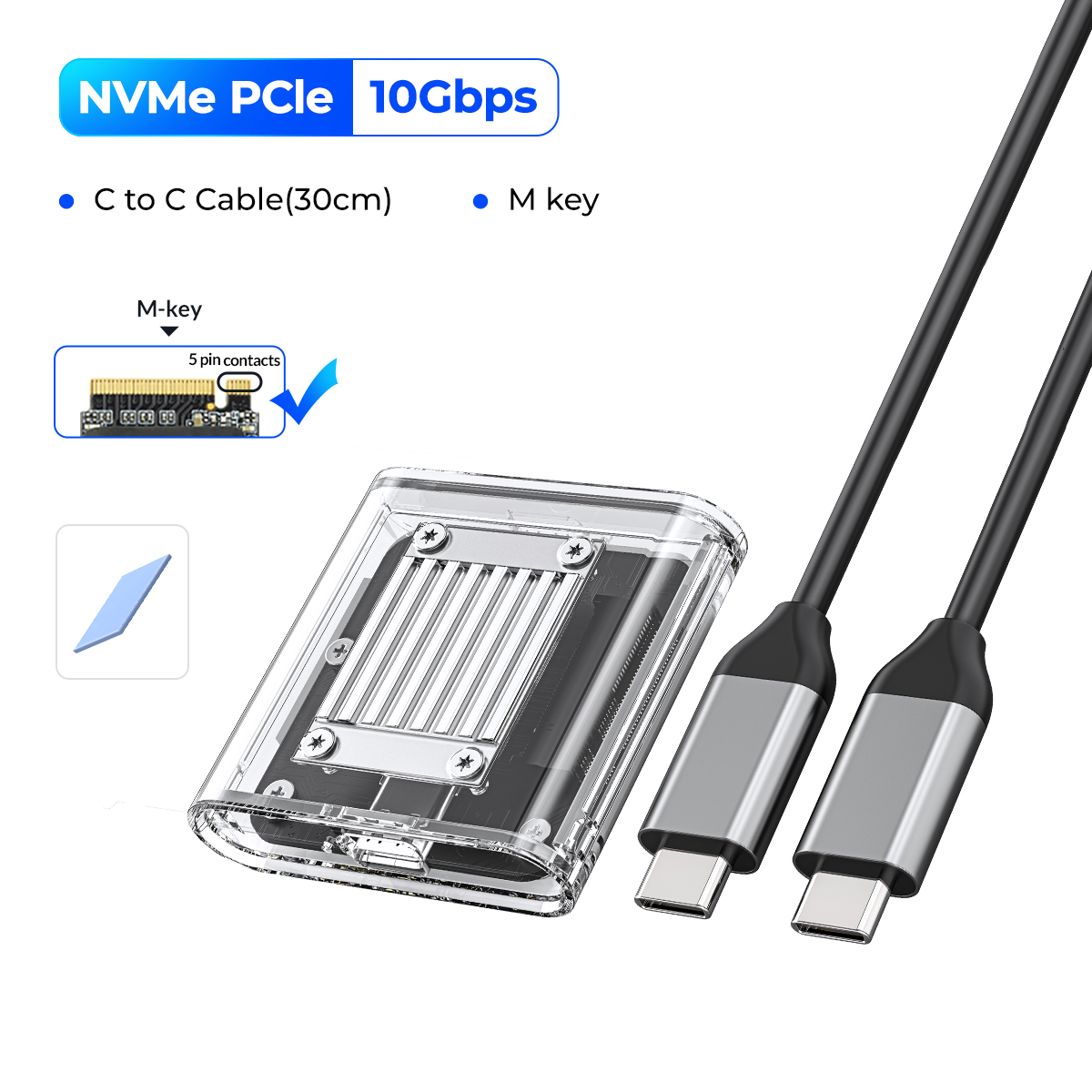 Transparent NVMe SSD Enclosure USB C 10Gbps External M2 SSD Case