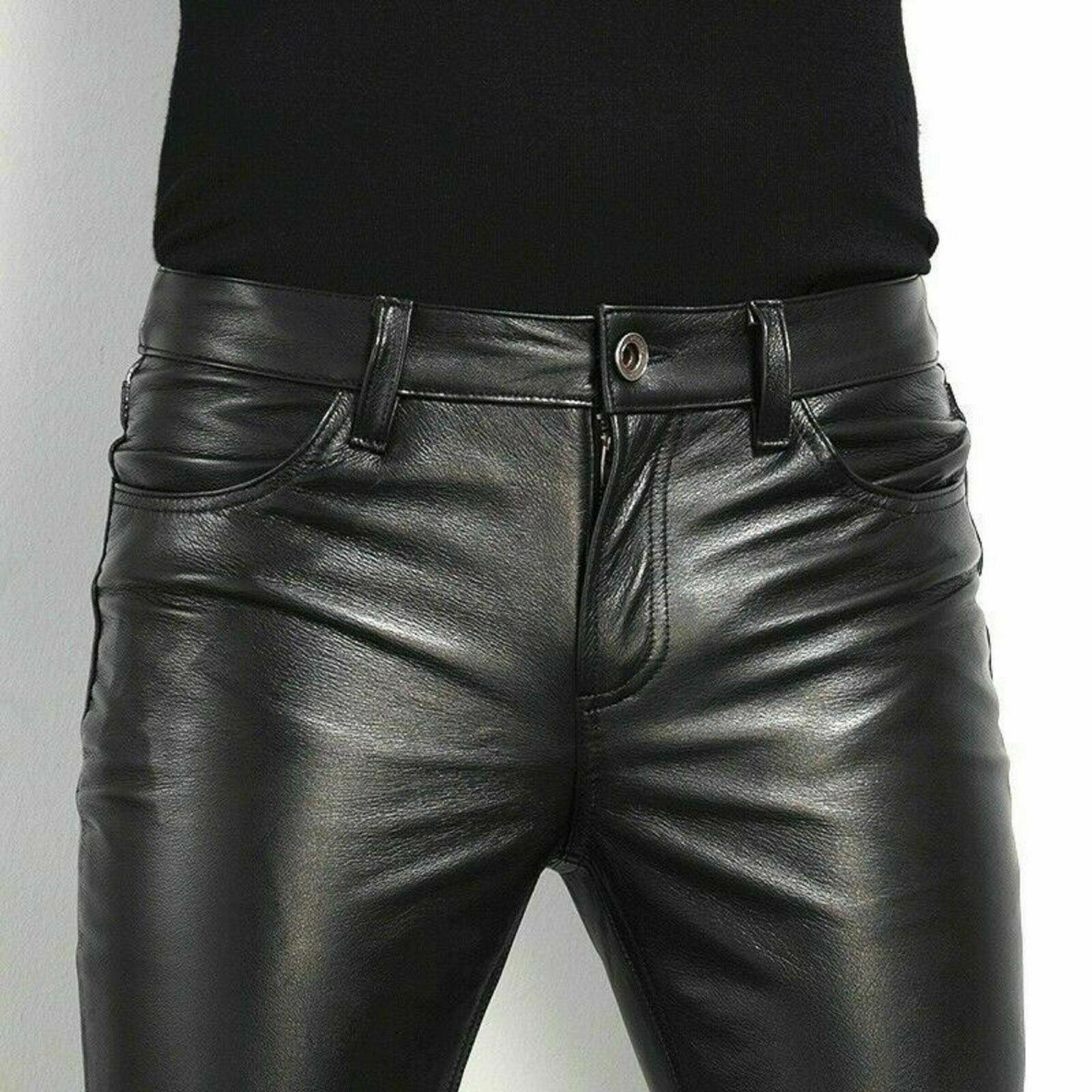 Mens Faux Leather Skinny Motorcycle Pants, Rock Style PU Leather Dance Pants, Slim Fit Night Club Fashion Trousers