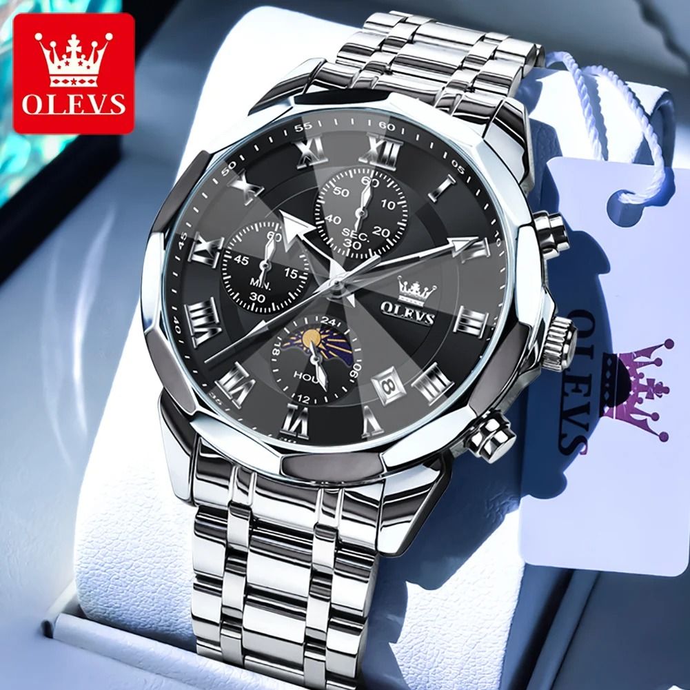 Olevs 3675 Mens Multifunction Chronograph Quartz Watch Moon Phase Design