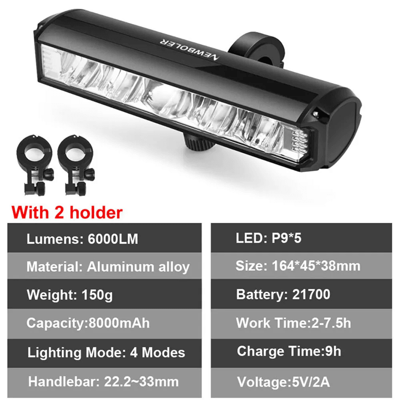 NEWBOLER 6000 Lumen Rechargeable Bicycle Light with 8000mAh Battery and Waterproof Design