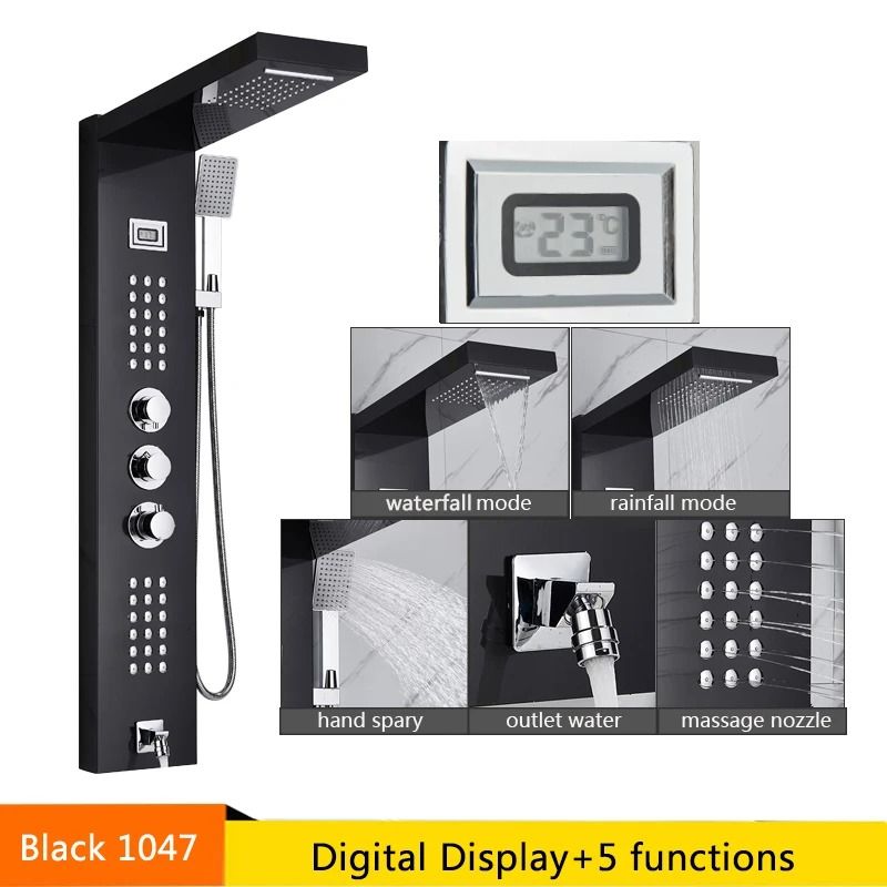 LED Rainfall Shower Panel with Digital Display and Massage Jets