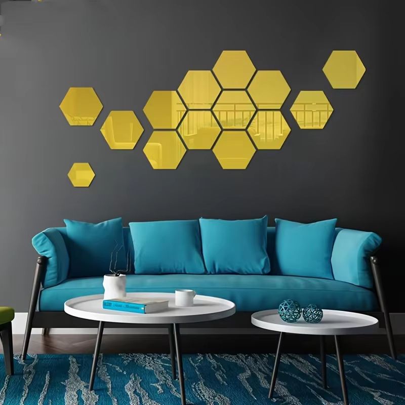 12Pcs Hexagon Acrylic Mirror 3D Wall Sticker for Living Room and Home Decoration