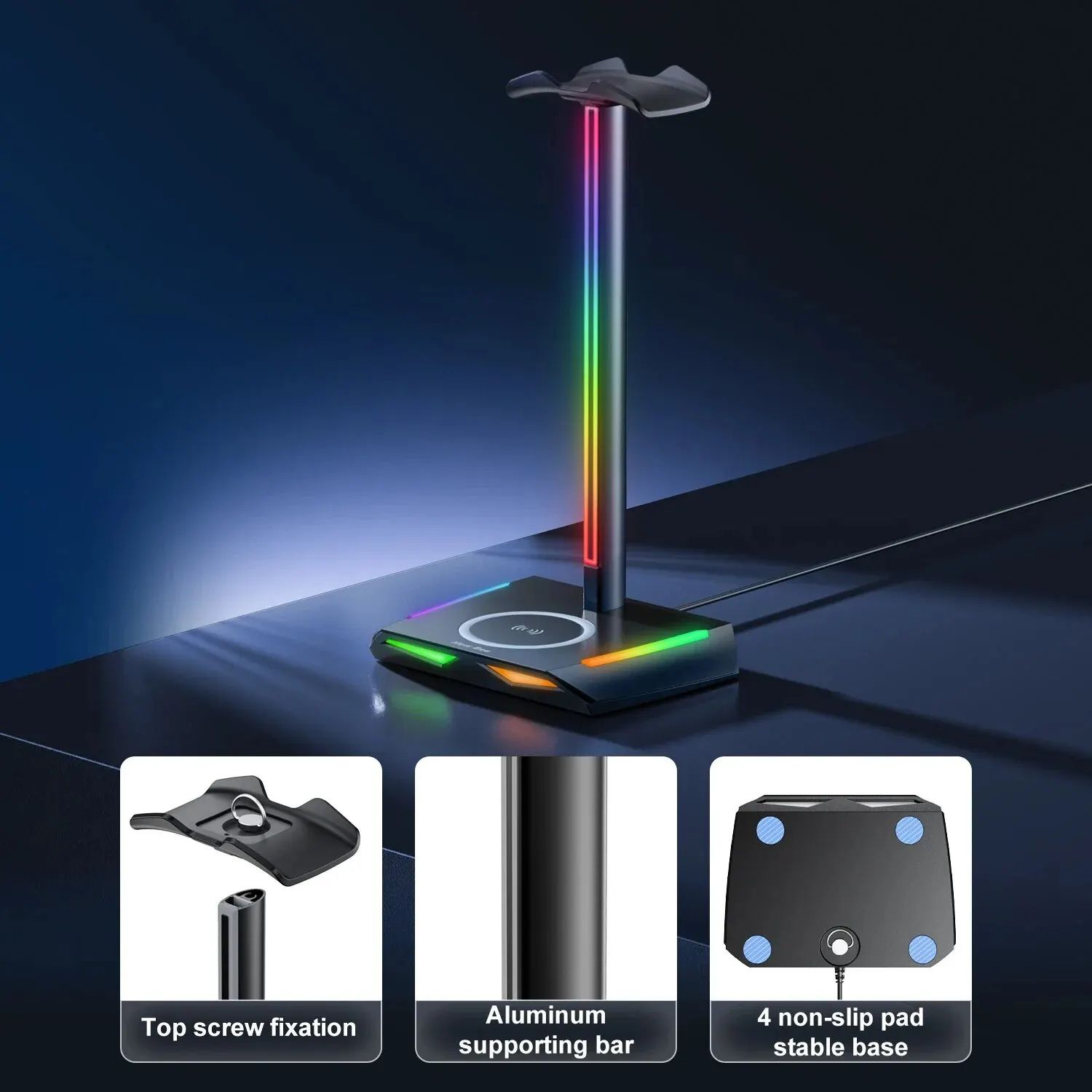 RGB Headset Stand with Wireless Charger, Gaming Headphone Holder Dock with LED Lights & Non-Slip Base