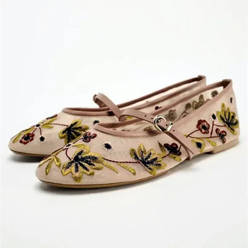Luxury Designer Mesh Breathable Ballet Flats Women, Embroidered Flower Mary Jane Shoes, Lightweight Low Heel Summer