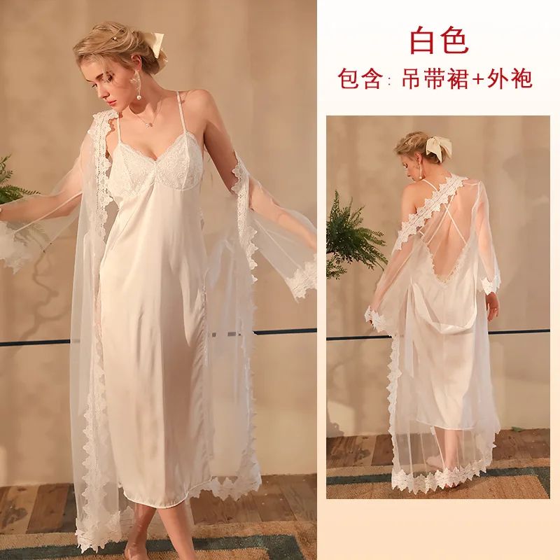 Women's Satin Lace Suspender Nightgown Sexy Mesh Silk Sleepwear Mid-Calf Loungewear Dress