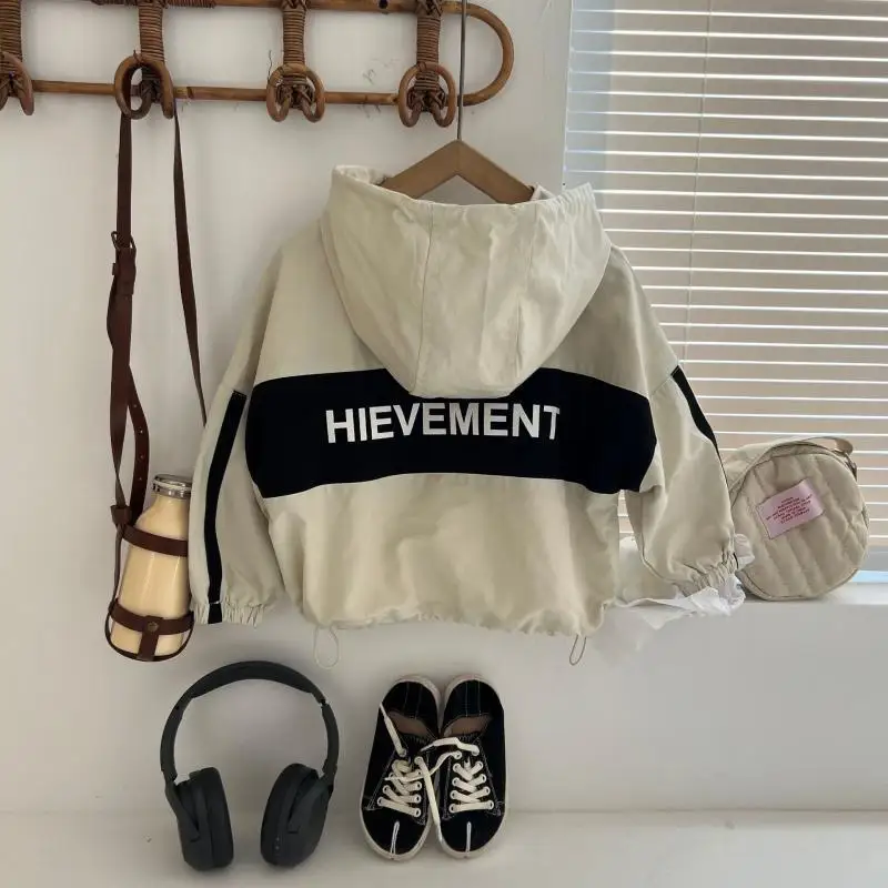Kids Windbreaker, Boys and Girls Jacket, Spring Autumn Thin Coat, Casual Hooded Zipper, Patchwork Letter Design