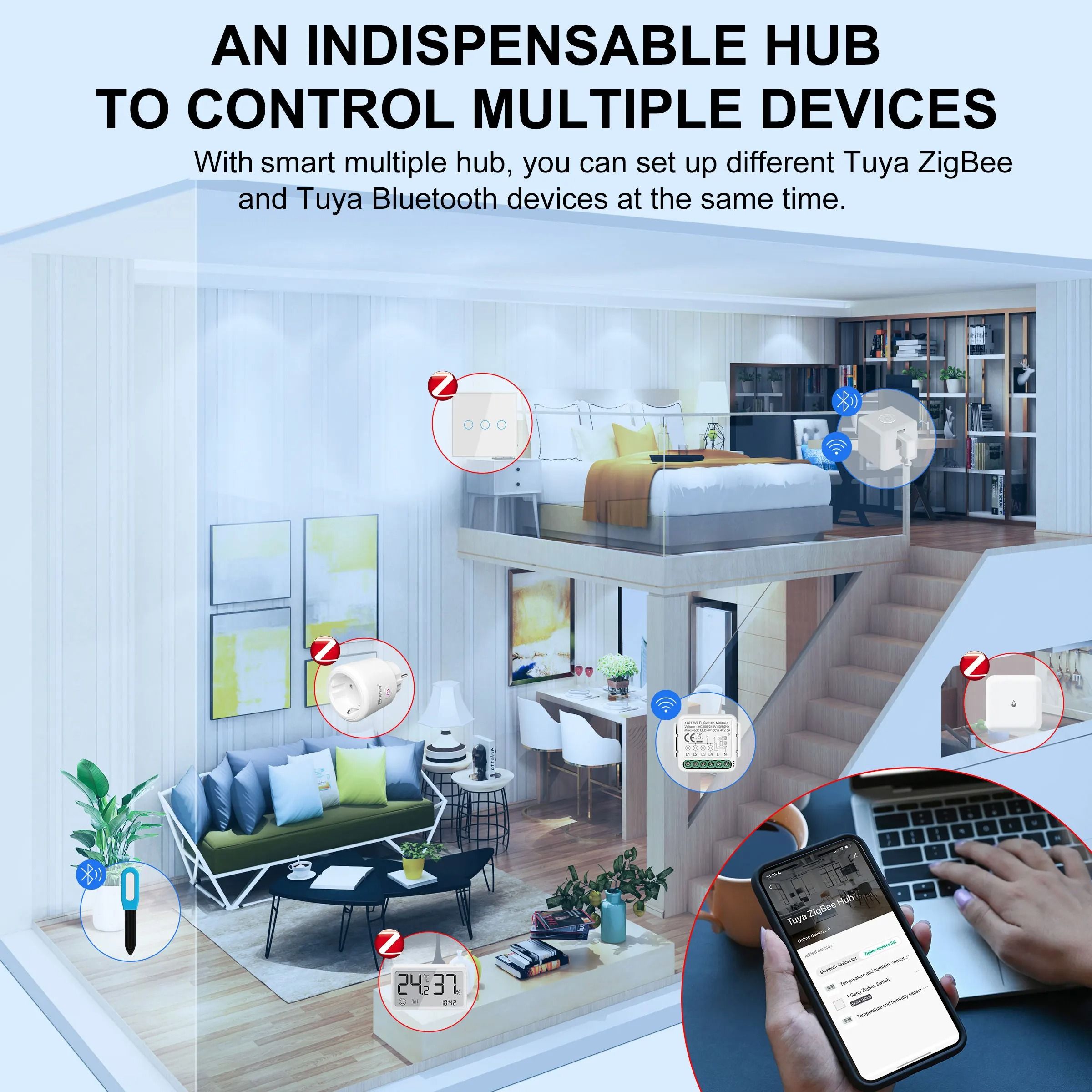 Tuya ZigBee 3.0 Gateway Hub with Antenna Smart Home Bridge Compatible with Alexa and Google Home