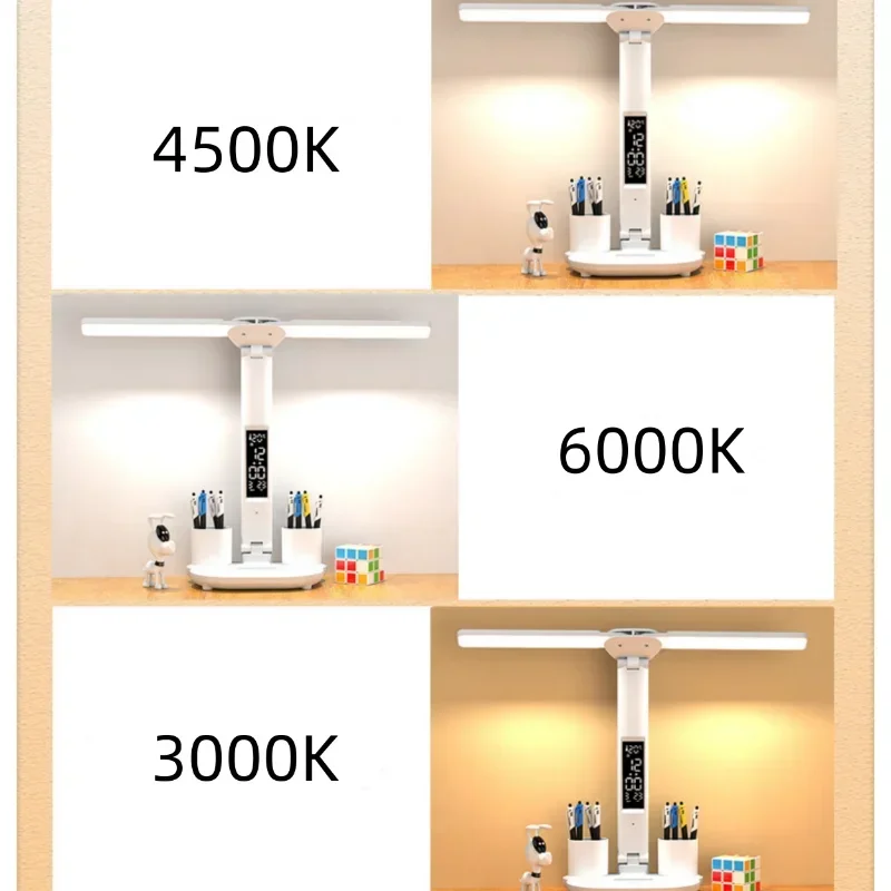 Double-Headed LED Table Lamp, Dimmable Desk Lamp with Calendar Clock, Foldable Eye Protection Reading Night Light