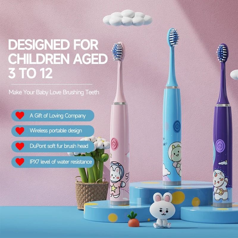 Rechargeable Colorful Cartoon Sonic Electric Toothbrush for Kids with Replacement Heads