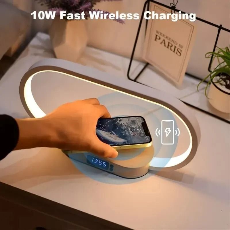 Multifunction Wireless Charger Stand Clock LED Desk Lamp with USB Fast Charging Dock