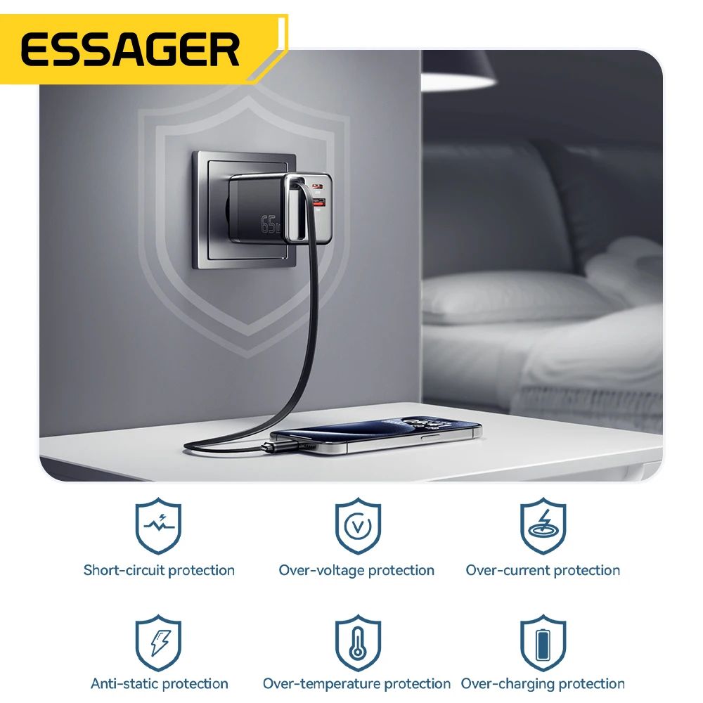 Essager 65W GaN Charger with Retractable Cable – PD Fast Charging USB-C Laptop & Phone Power Adapter
