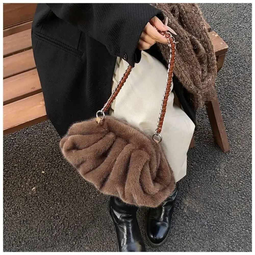 Trendy Soft Faux Fur Pleated Hobo Bag