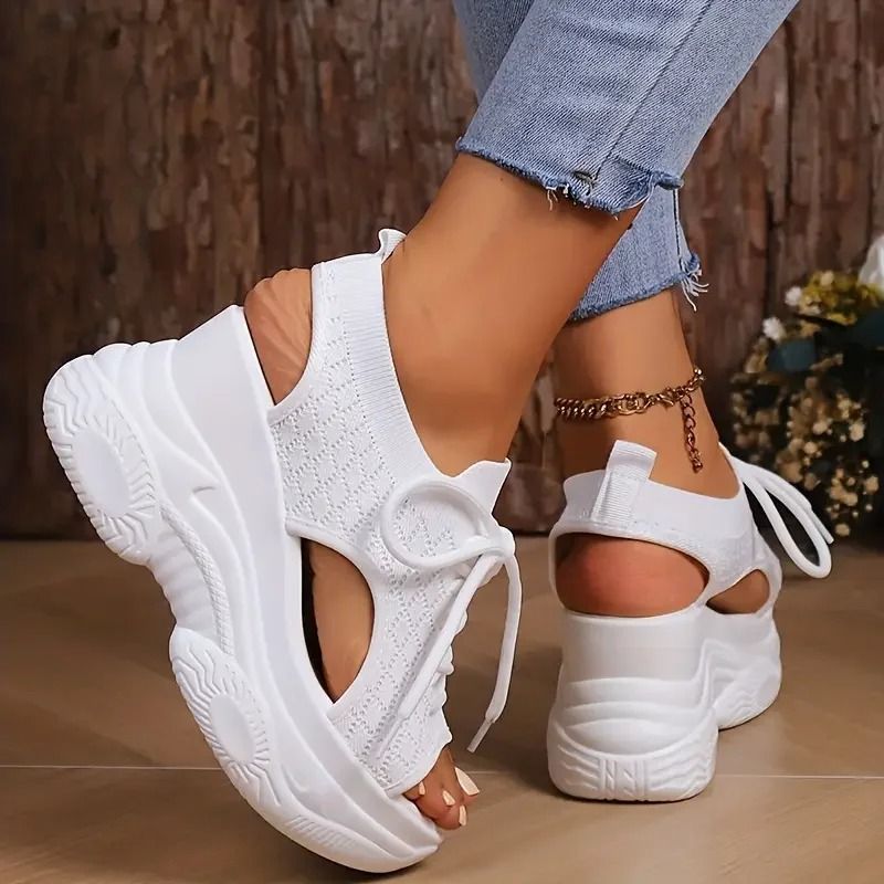 Women Round toe Wedge Lace up Casual Sneakers Breathable Non-slip Thick Sole