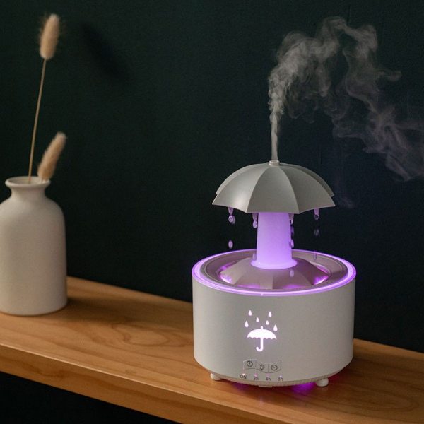 Rotating Umbrella Waterfall Humidifier, LED Aromatherapy Diffuser with Raindrop