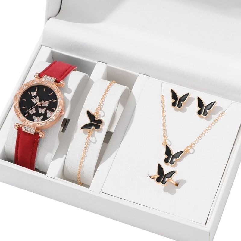 Butterfly Jewelry Set Fashion Women's Quartz Watch, Leather Band, Necklace, Earrings, Bracelet, and Adjustable Ring