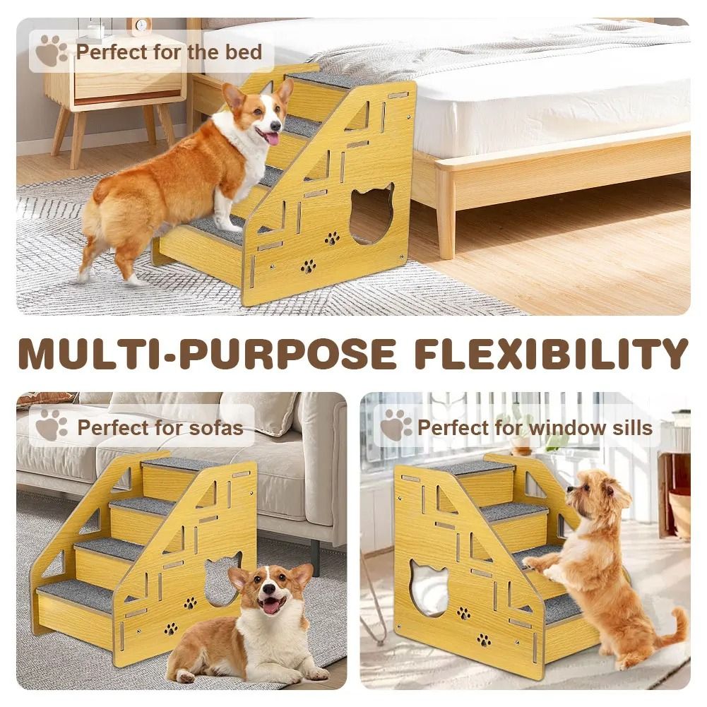 4 Step Wooden Pet Stair Ladder with Carpeted Steps