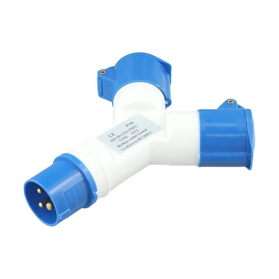 220V Industrial 2-Way Power Splitter Plug, IP44 Waterproof 3-Pin Field Plug to Dual Socket Adapter 16A/32A
