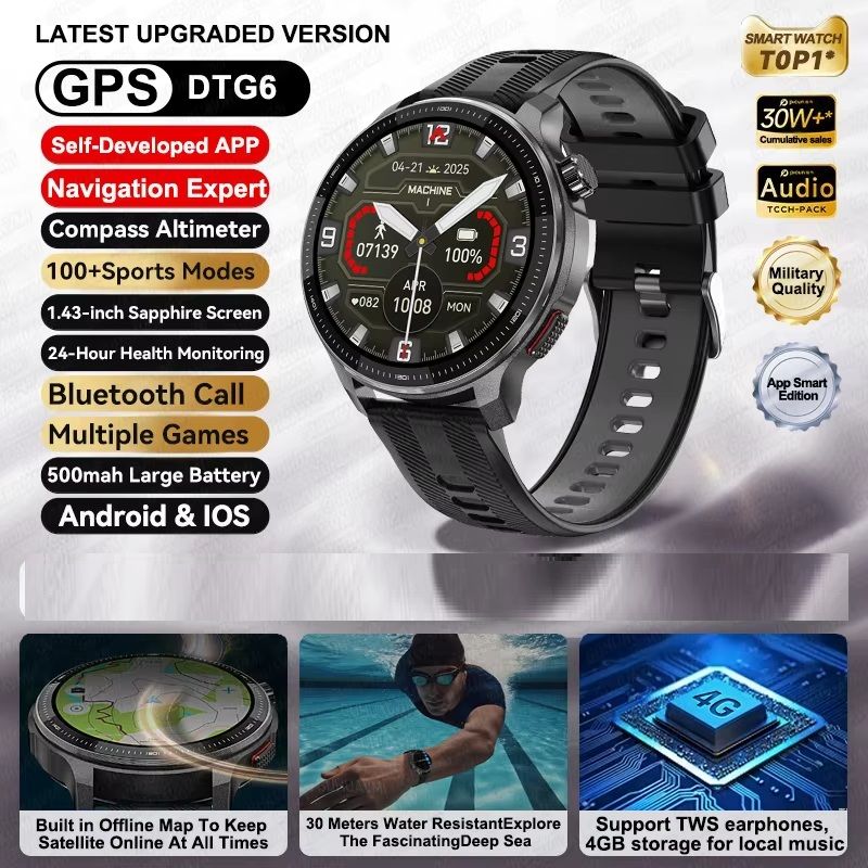 Smart Watch with Offline Maps, GPS Music Player & 10ATM Waterproof Fitness Tracker