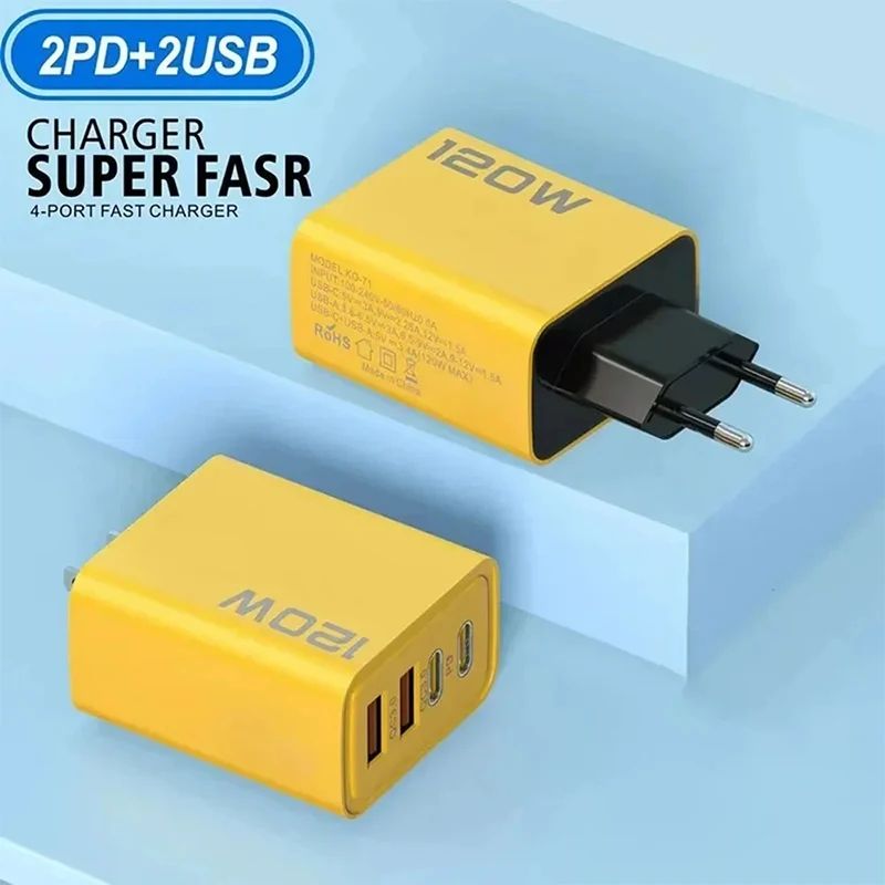 120W USB C PD 4-Port Fast Charger – Quick Charge 3.0 Travel Wall Adapter (EU/US Plug)
