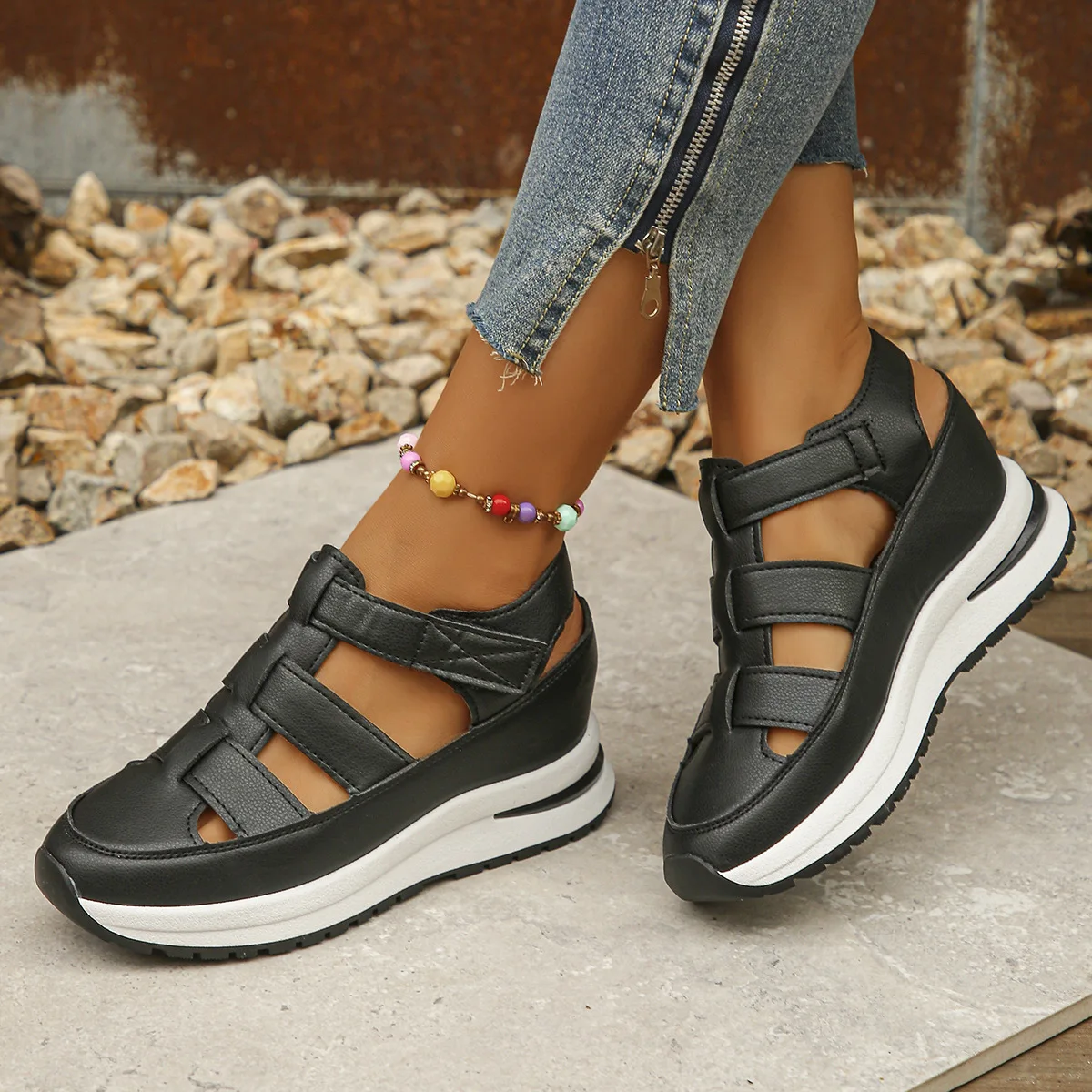 Ladies Shoes, Buckle Strap Women's Sandals, Summer Solid Wedge Sandals, Durable Rubber Sole, Breathable Comfort