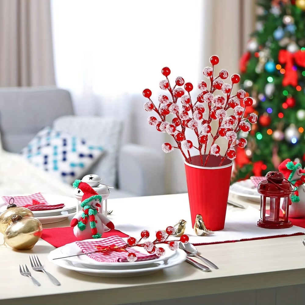 Berries Red Berry Branches, 10Pcs Christmas Decoration, Snow Artificial Red Fruit Holly, For Christmas Tree Pendant Wrea