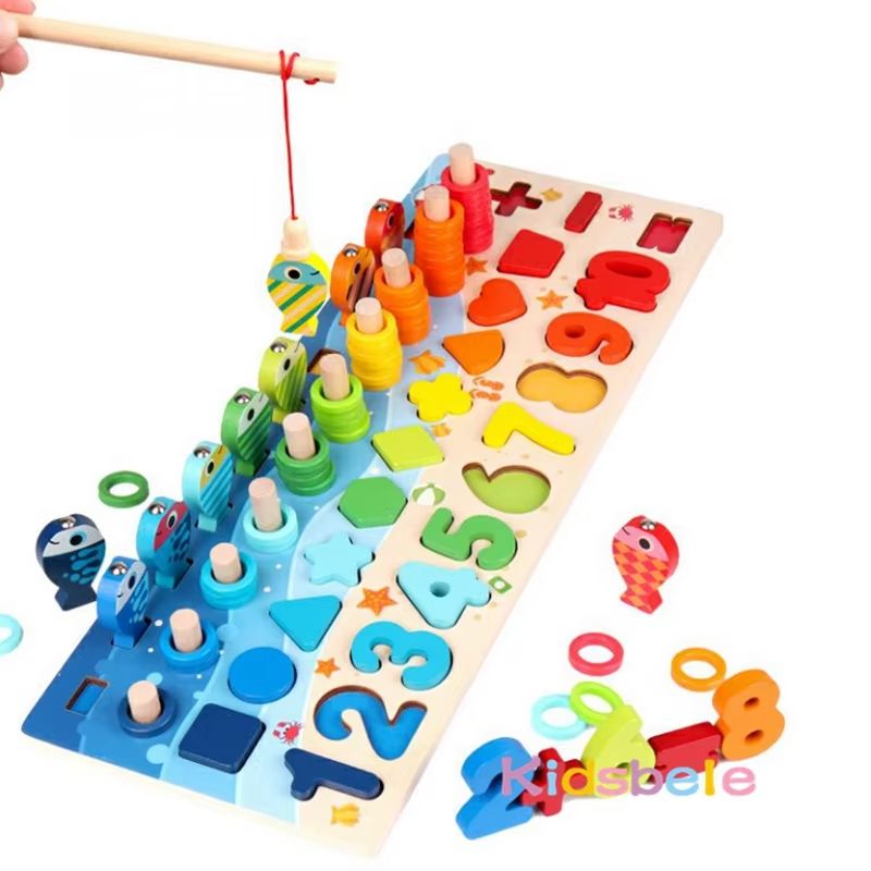 Kids Montessori Math Toy – Educational Wooden Puzzle & Fishing Game with Number and Shape Matching Sorter Board