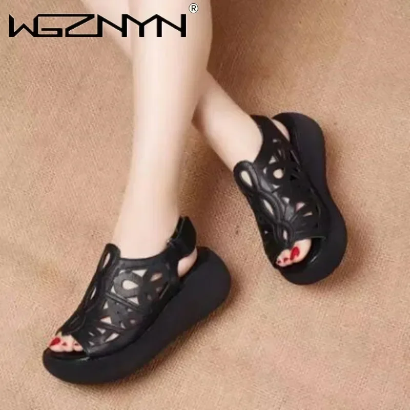Soft Leather Designer Women Sandals Luxury Wedges Shoes for Women Summer Retro Casual Female Heels