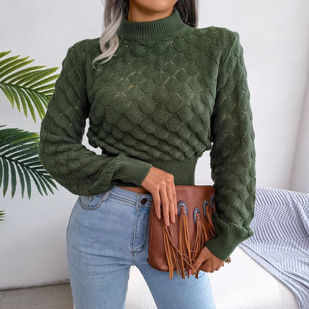 Trendy Womens Cropped Knit Sweater Hollow Out Long Sleeve Pullover Top
