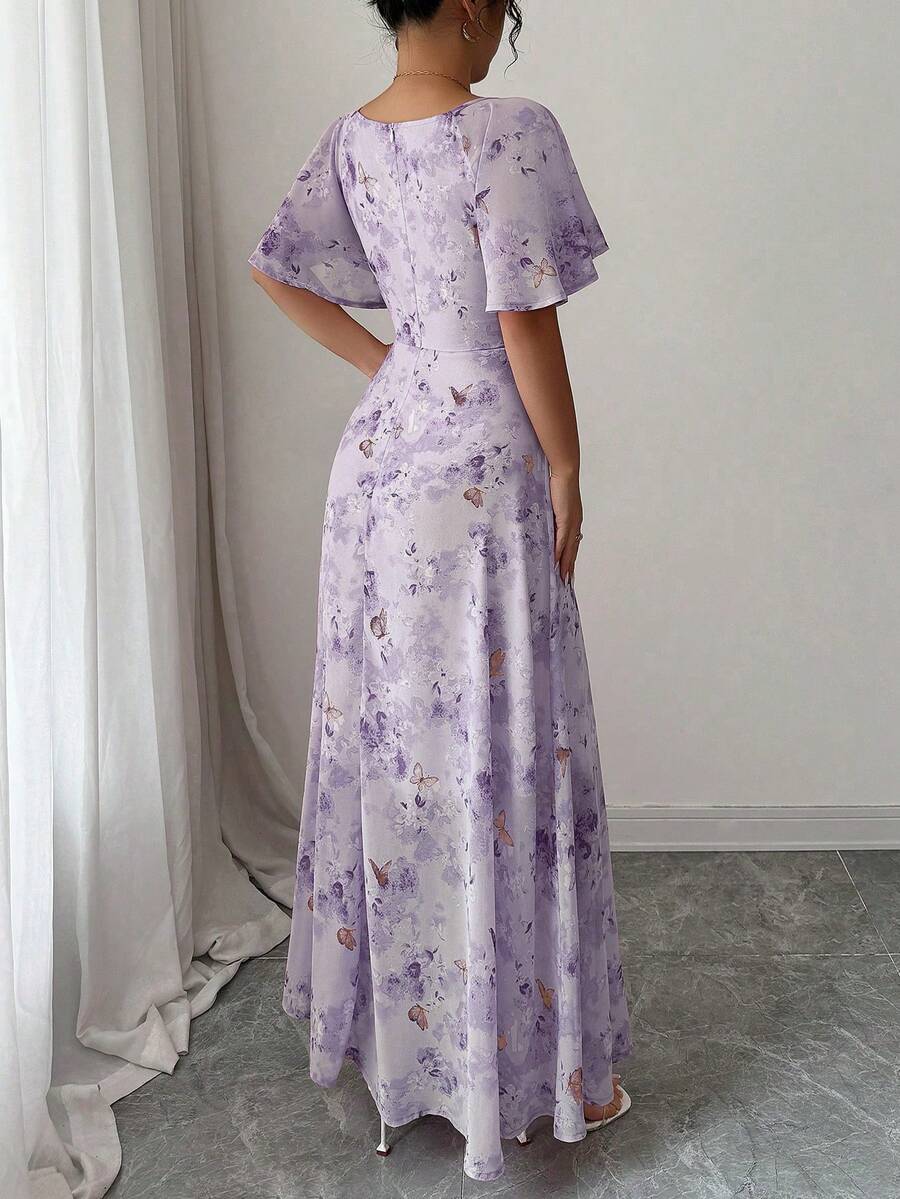 Womens Sweet French Style Mini Dress, Purple Butterfly Print, Batwing Sleeves Back Zipper Elegant Chic